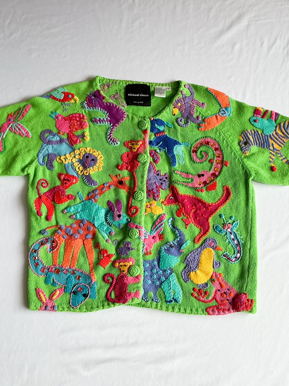 Vtg Michael Simon Animal Cardigan Sweater Bright Green Jungle Safari Knit Sz Med